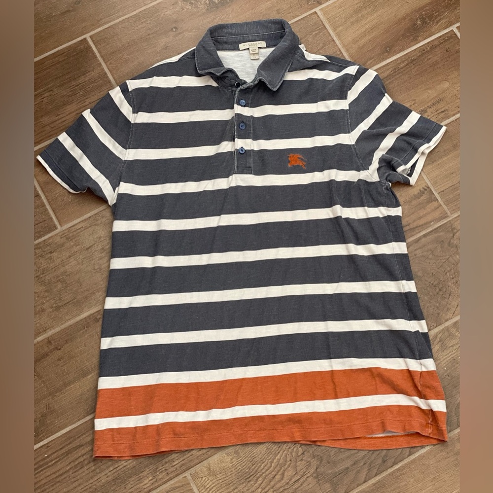 Burberry Brit Men’s XL TG Gray, White & Orange Striped Short Sleeve Collar Polo